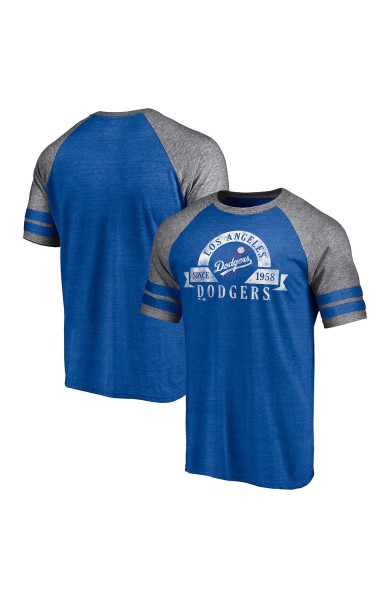 FANATICS Men's Fanatics Branded Heather Royal Los Angeles Dodgers Utility Two-Stripe Raglan Tri-Blend T-Shirt, Main, color, 