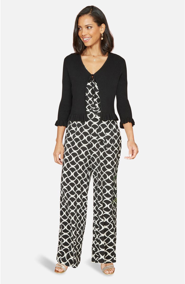 Yumi Tie Front Frilled Hem Ribbed Cardigan, Alternate, color, Black