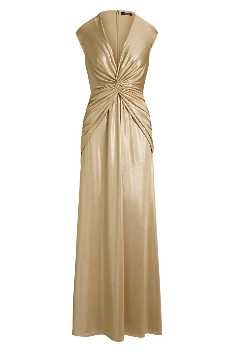 Twist Front Metallic Cap Sleeve Gown, Alternate, color, BIRCH BEIGE/ GOLD FOIL