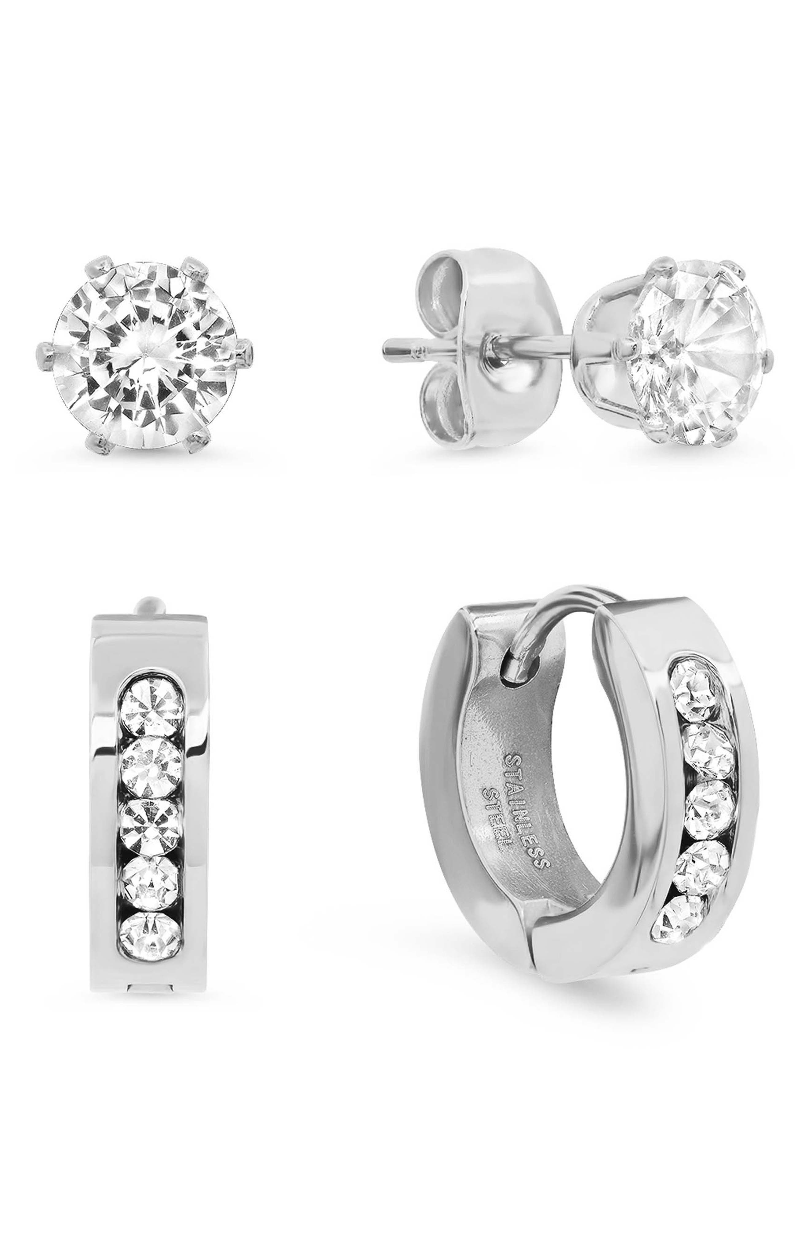 STEELTIME Stainless Steel Simulated Diamond Stud & Huggie Earrings Set