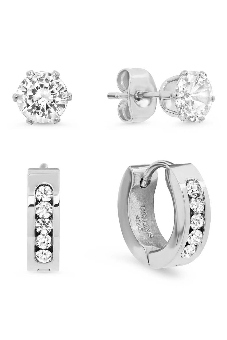 Stainless Steel Simulated Diamond Stud & Huggie Earrings Set, Main, color, SILVER