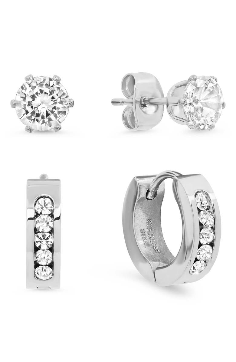 STEELTIME Stainless Steel Simulated Diamond Stud & Huggie Earrings Set, Main, color, Silver