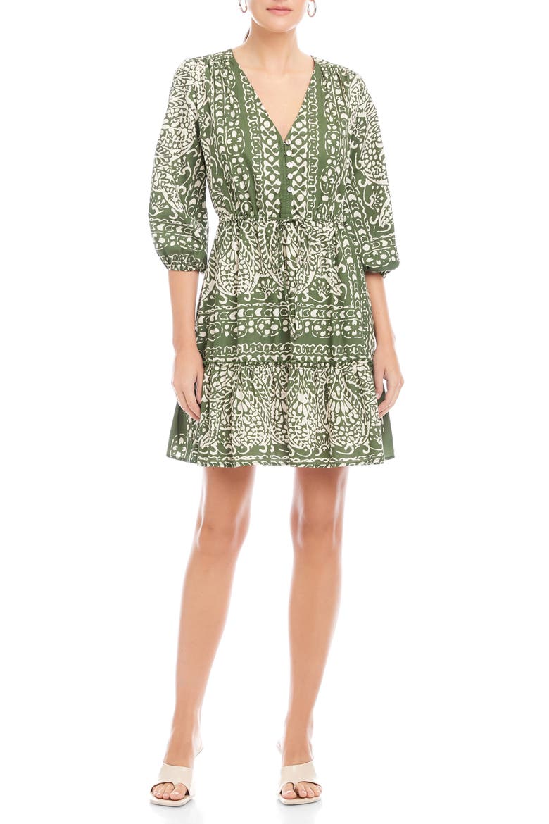 Tasha Drawstring Waist Tiered Cotton Dress, Main, color, GREEN PRINT