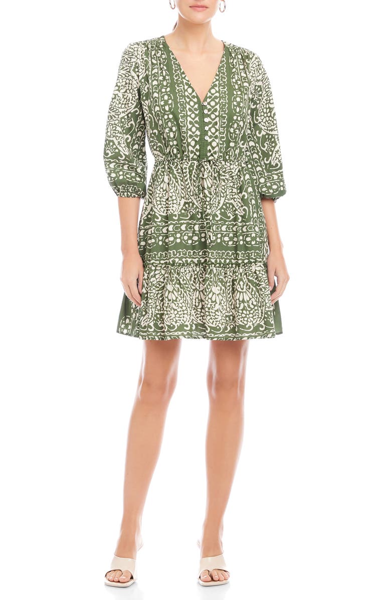 FIFTEEN TWENTY Tasha Drawstring Waist Tiered Cotton Dress, Main, color, Green Print