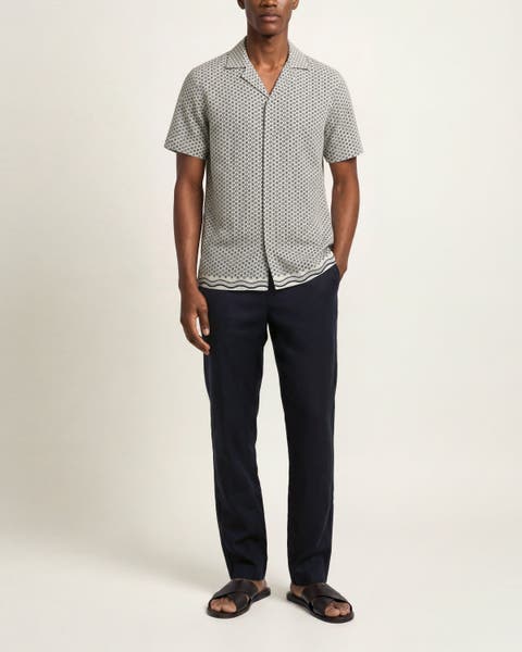Maitan Linen Printed Linen Shirt In White Sand And Night Iris