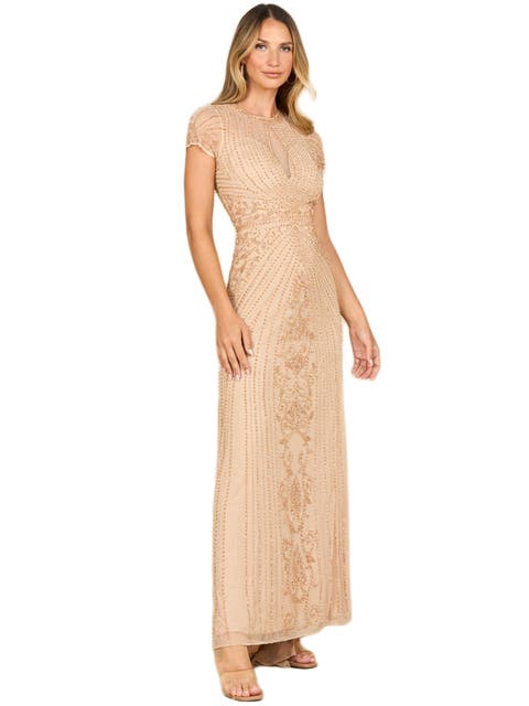 Beaded Cap Sleeve Illusion Plunge Gown