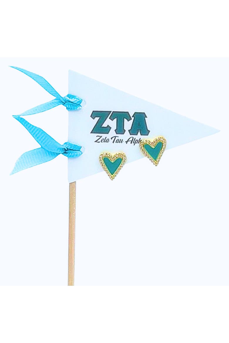 Zeta Tau Alpha Heart Stud Enamel Earrings on Sorority Pennant Flag, Main, color, Yellow Gold