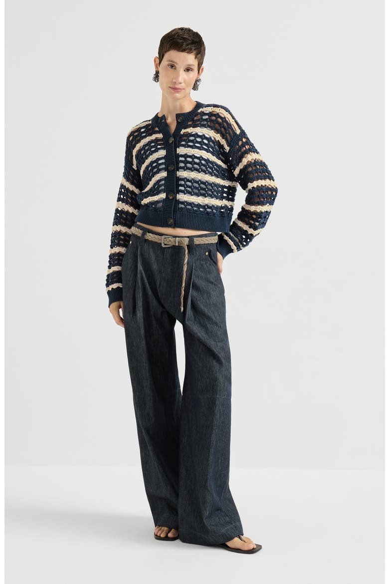 Cotton Denim-effect Twill Pleated Barrel Trousers With Monili, Alternate, color, Denim