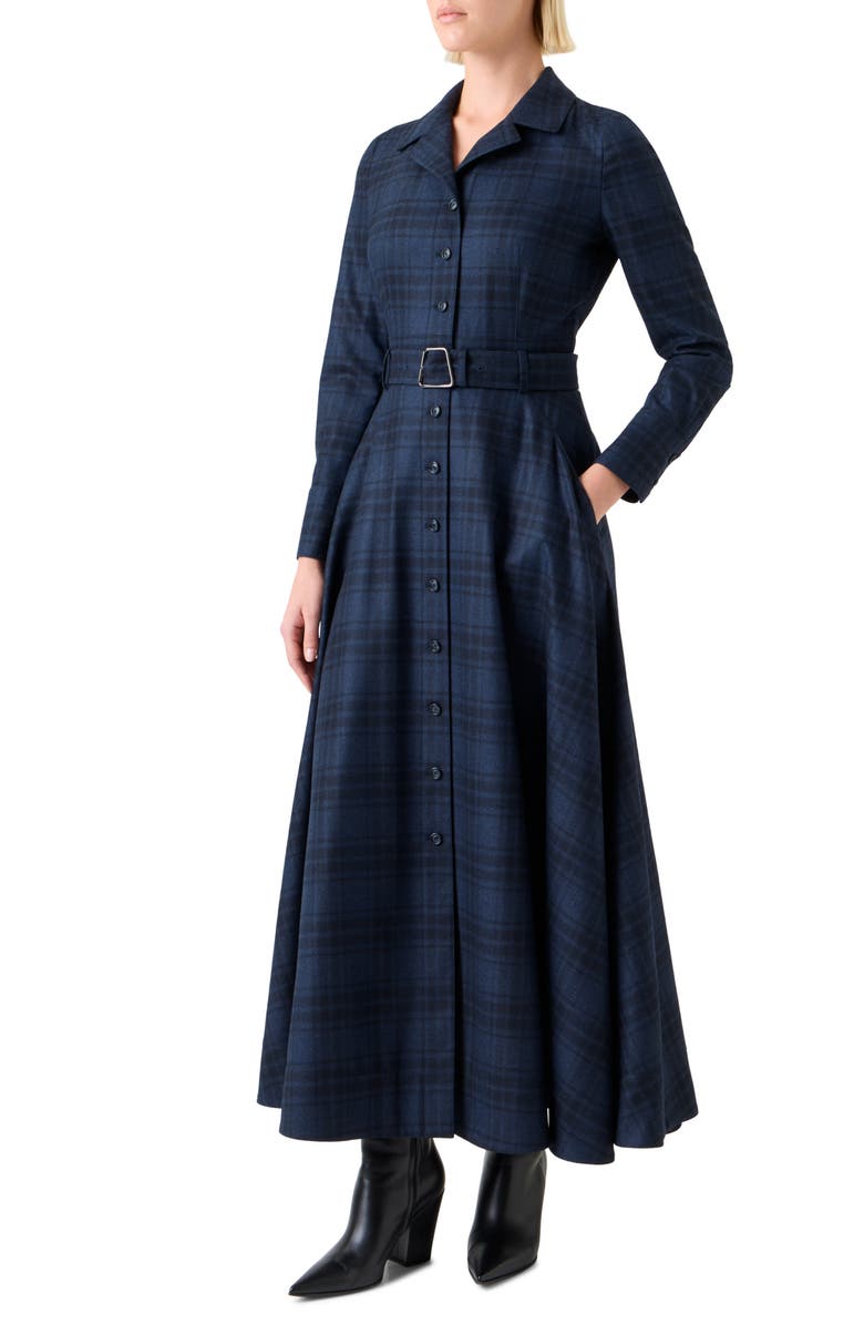 Akris Plaid Long Sleeve Wool Flannel Belted Shirtdress, Alternate, color,