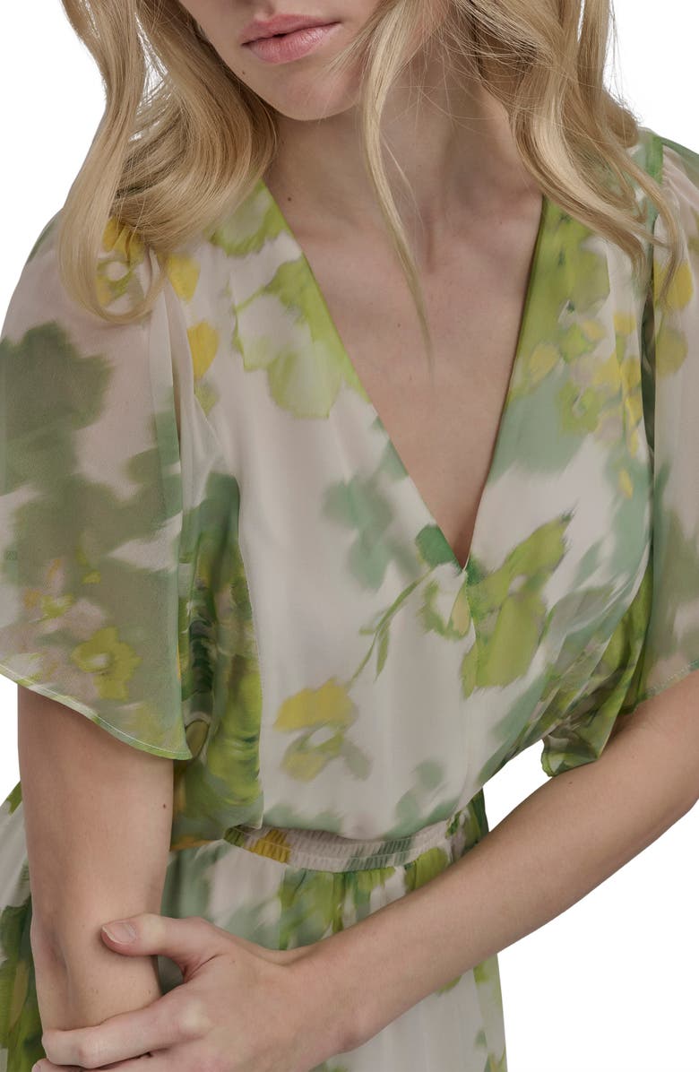 DKNY Flutter Sleeve Smocked Waist High-Low Dress, Alternate, color, Ivory Mult