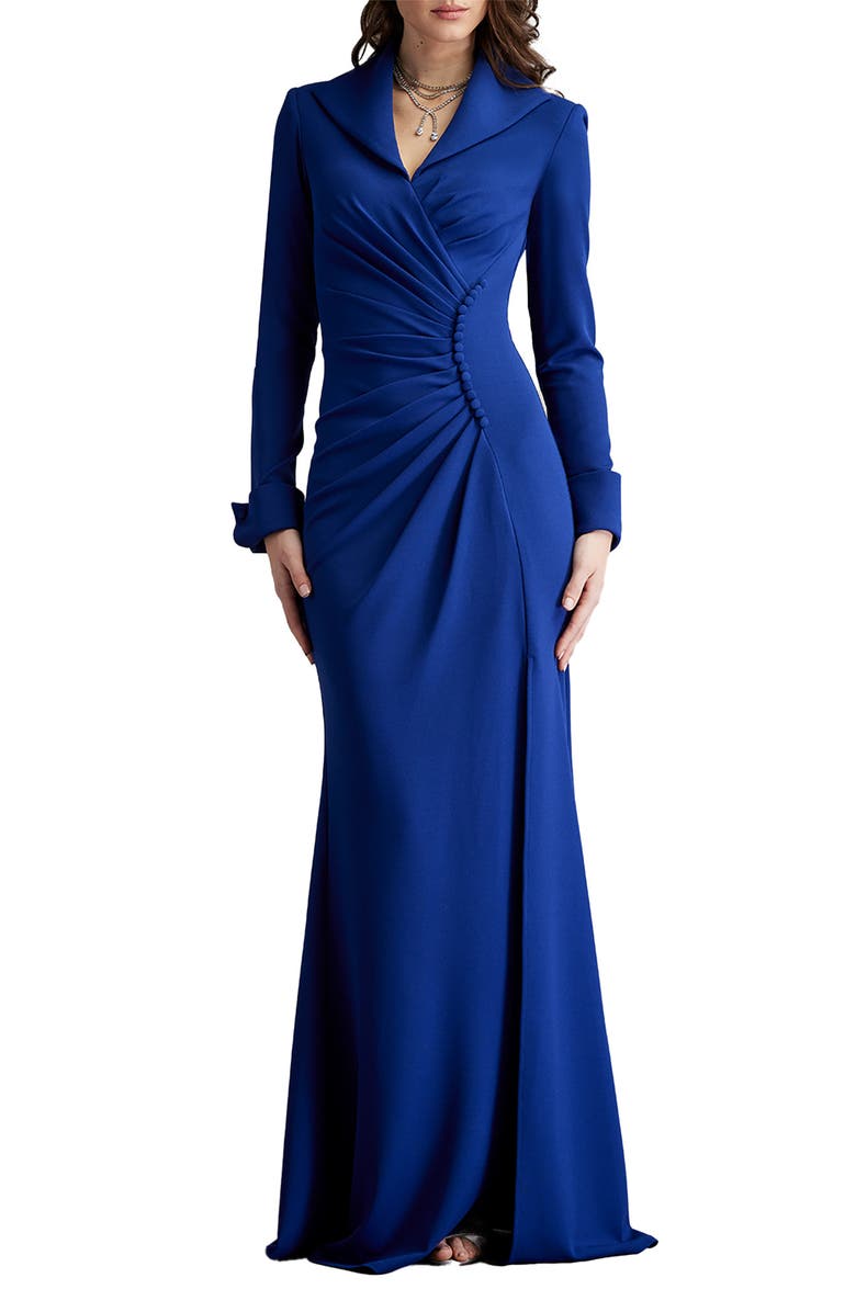 Tadashi Shoji High Collar Long Sleeve Crepe Gown, Main, color, 
