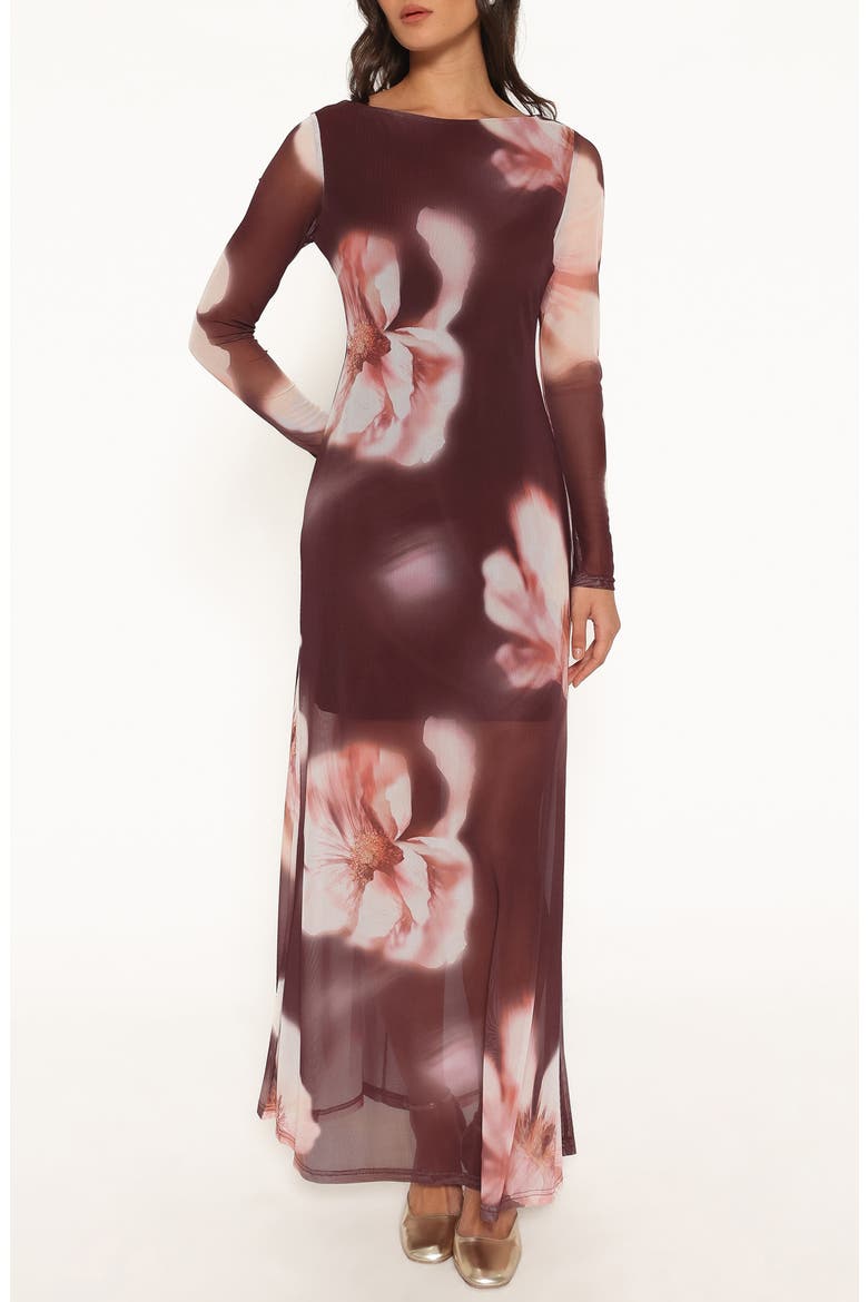 Bradshaw Floral Long Sleeve Maxi Dress, Main, color, BROWN BLURRED FLORAL