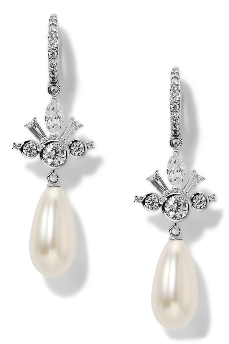 Imitation Pearl Teardrop Lever-Back Earrings, Main, color, RHODIUM