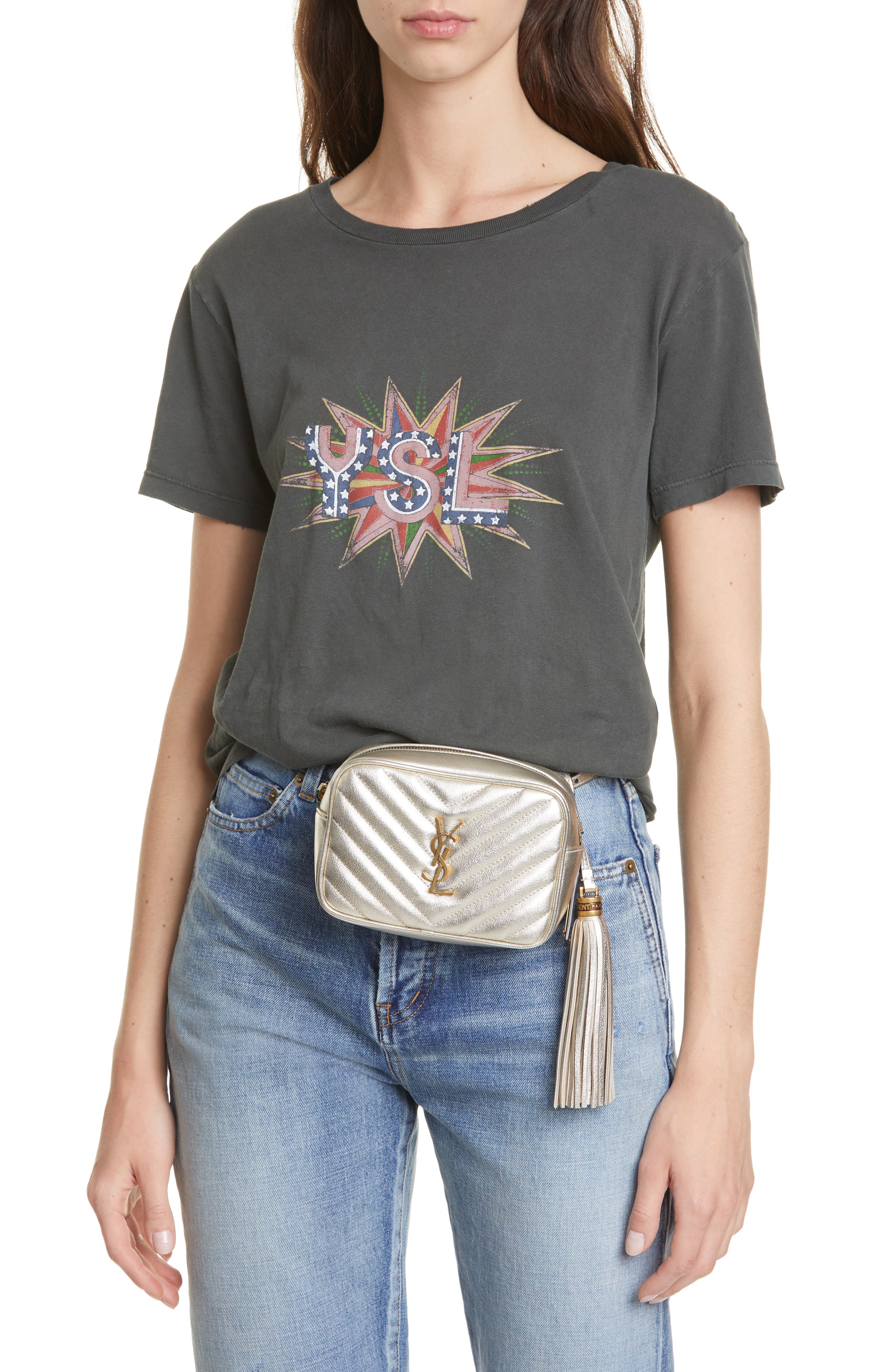 Saint Laurent Lou Lou Metallic Calfskin Leather Belt Bag with Tassel, Alternate, color, 