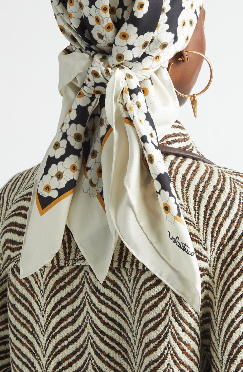 Valentino Garavani Daisy Print Silk Scarf, Alternate, color, Black/ Ivory