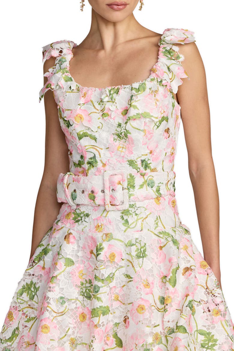 Lace Tiered Ruffle Midi Dress With Belt, Alternate, color, White Multi