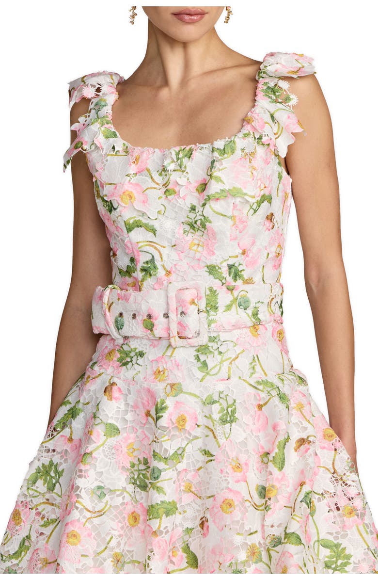 Mac Duggal Lace Tiered Ruffle Midi Dress With Belt, Alternate, color, White Multi