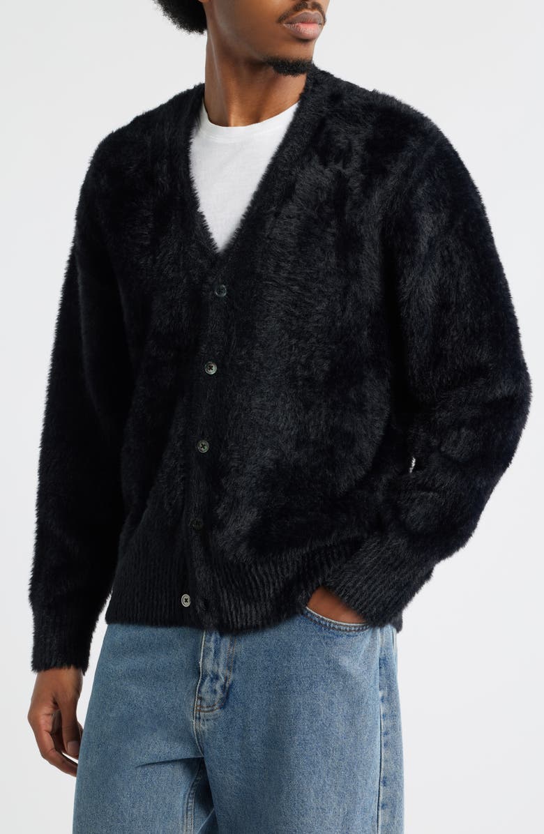 BOILER ROOM Hairy Faux Fur Cardigan, Alternate, color, Black
