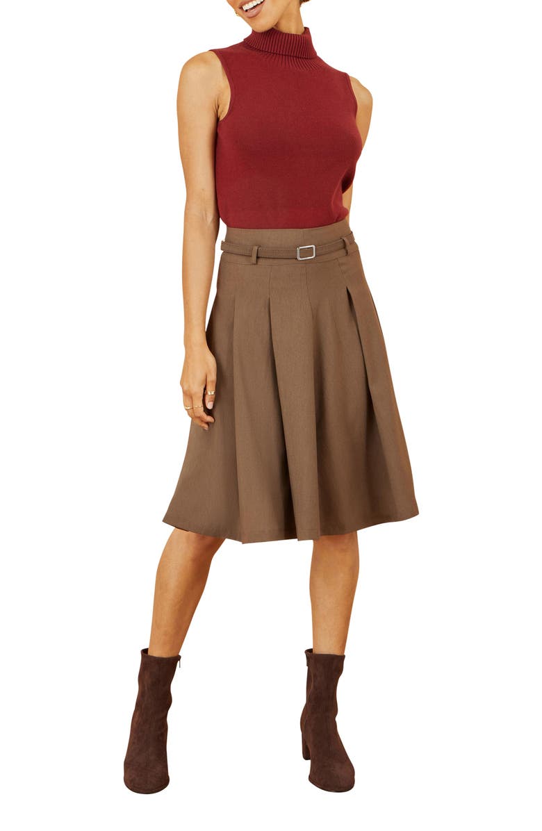 Yumi Pleated Midi Skirt With Belt, Alternate, color, Brown