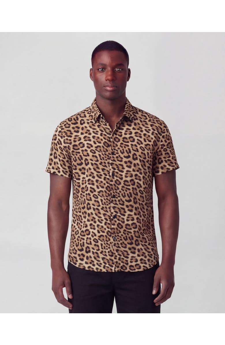 Lords of Harlech Leopard Mens Merino Wool Button-up Shirt, Main, color, Leopard Brown