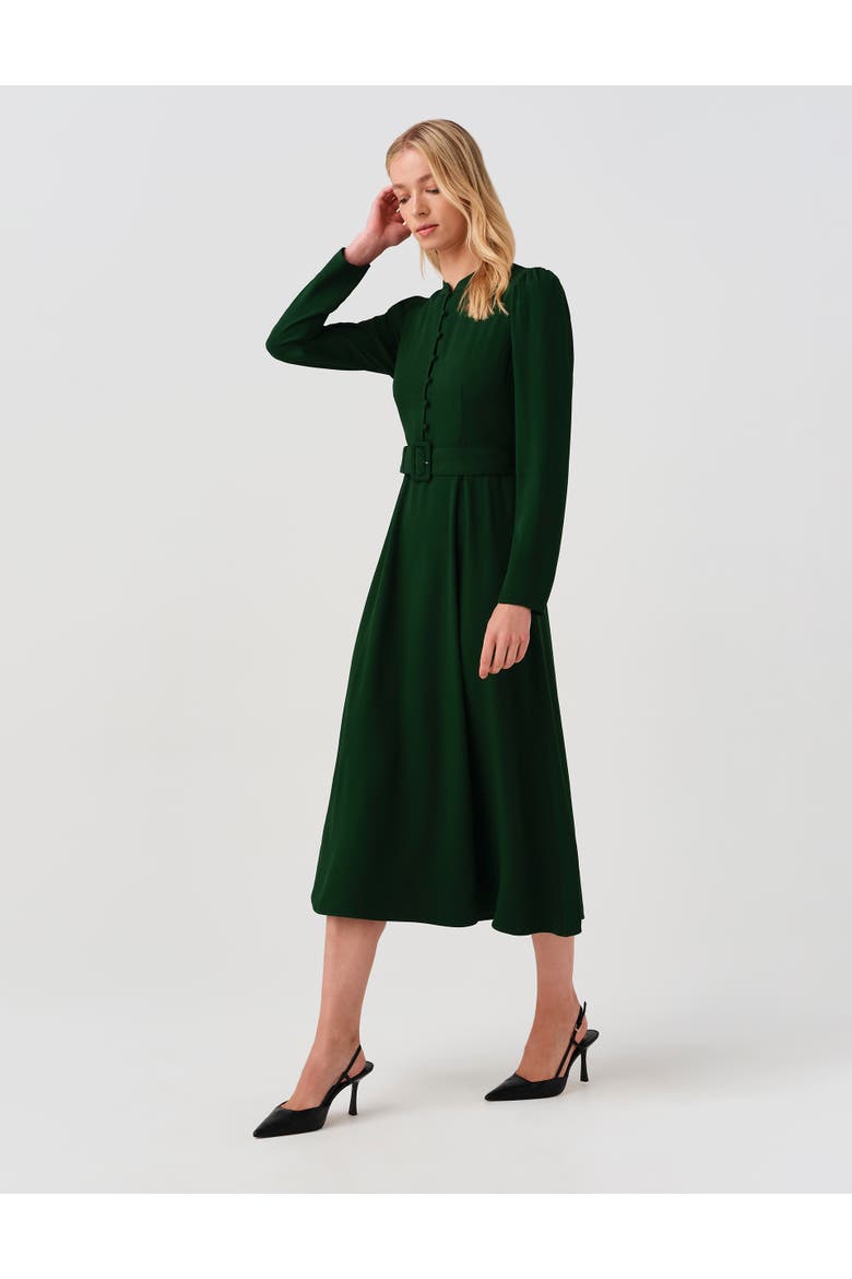Ria Button Down Belted Midi Dress, Alternate, color, Forest Green