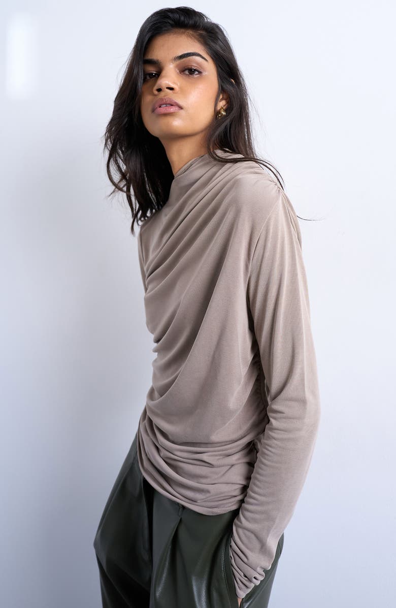Topshop Ruched Long Sleeve Top, Main, color, Pale Khaki