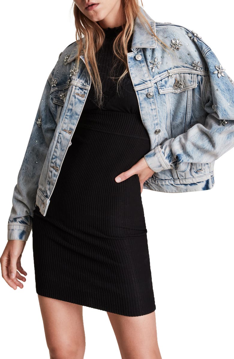 AllSaints Monty Embellished Denim Jacket, Main, color,
