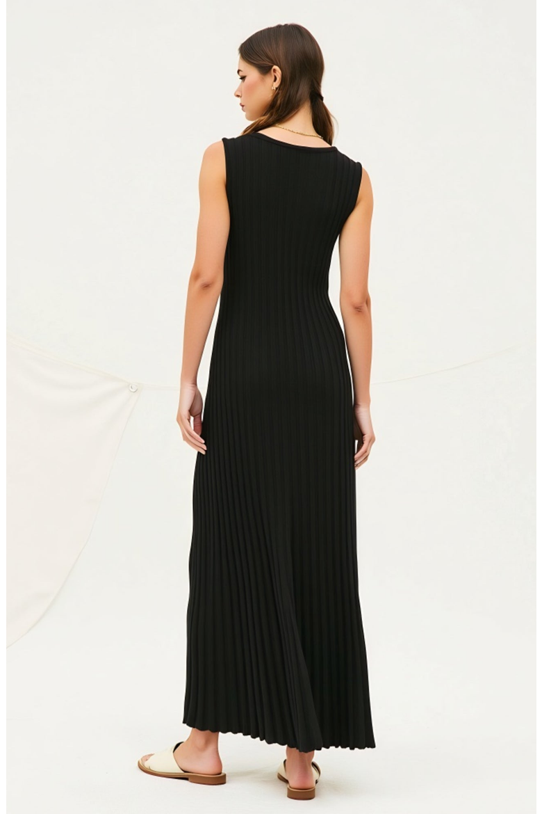 Sleeveless Ribbed Knit Scoop Neck Maxi Dress with Pleated Skirt, Alternate, color, Black