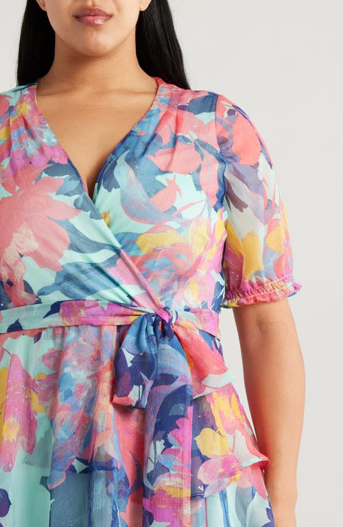 Tahari Asl Floral Shadow Stripe Short Sleeve Faux Wrap Dress In Seafoam Multi