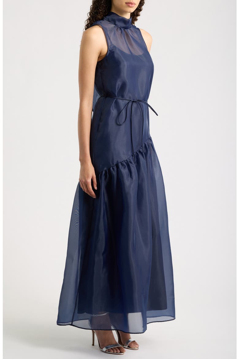 Tie Neck Organza Overlay Gown, Alternate, color, NAVY