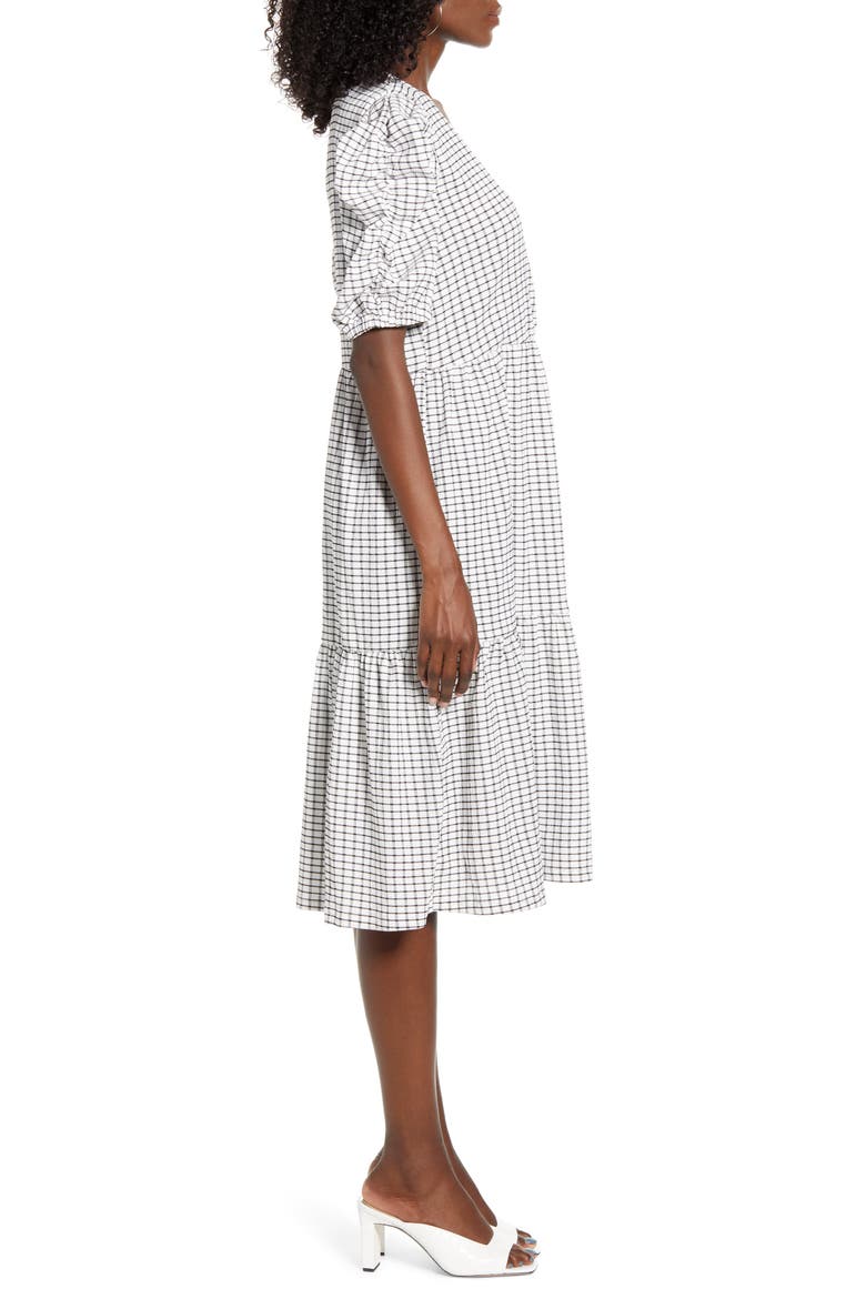 Puff Shoulder Midi Dress, Alternate, color, BLACK W/ WHITE CHECK