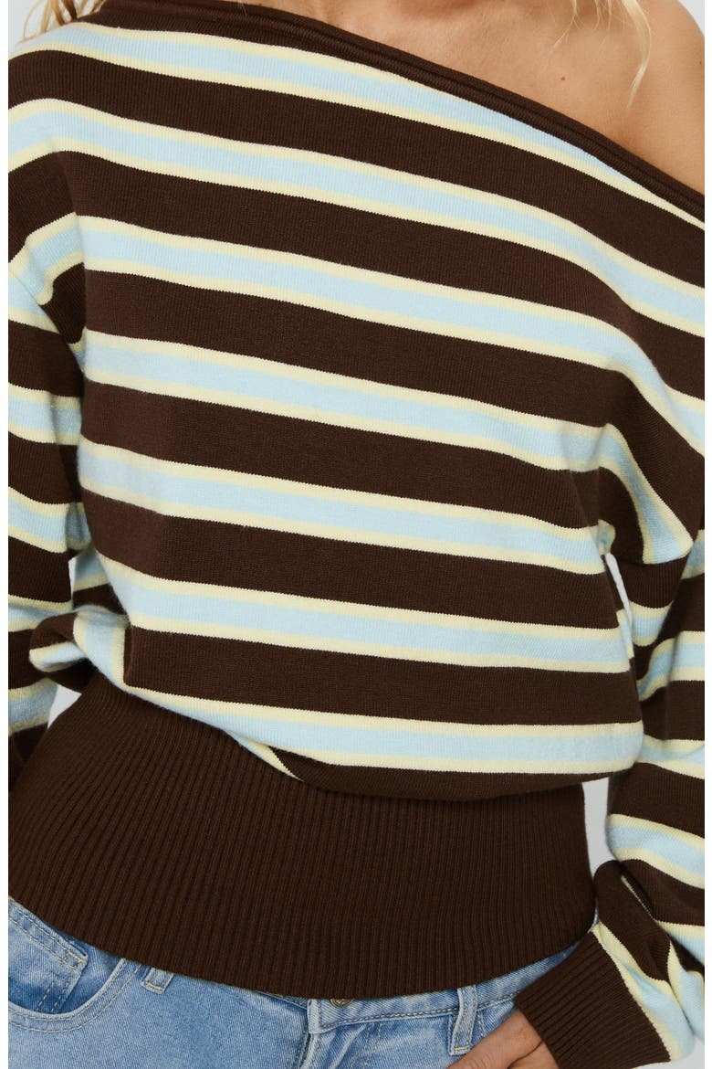 Zinia One-Shoulder Sweater, Alternate, color, BROWN / BLUE STRIPE