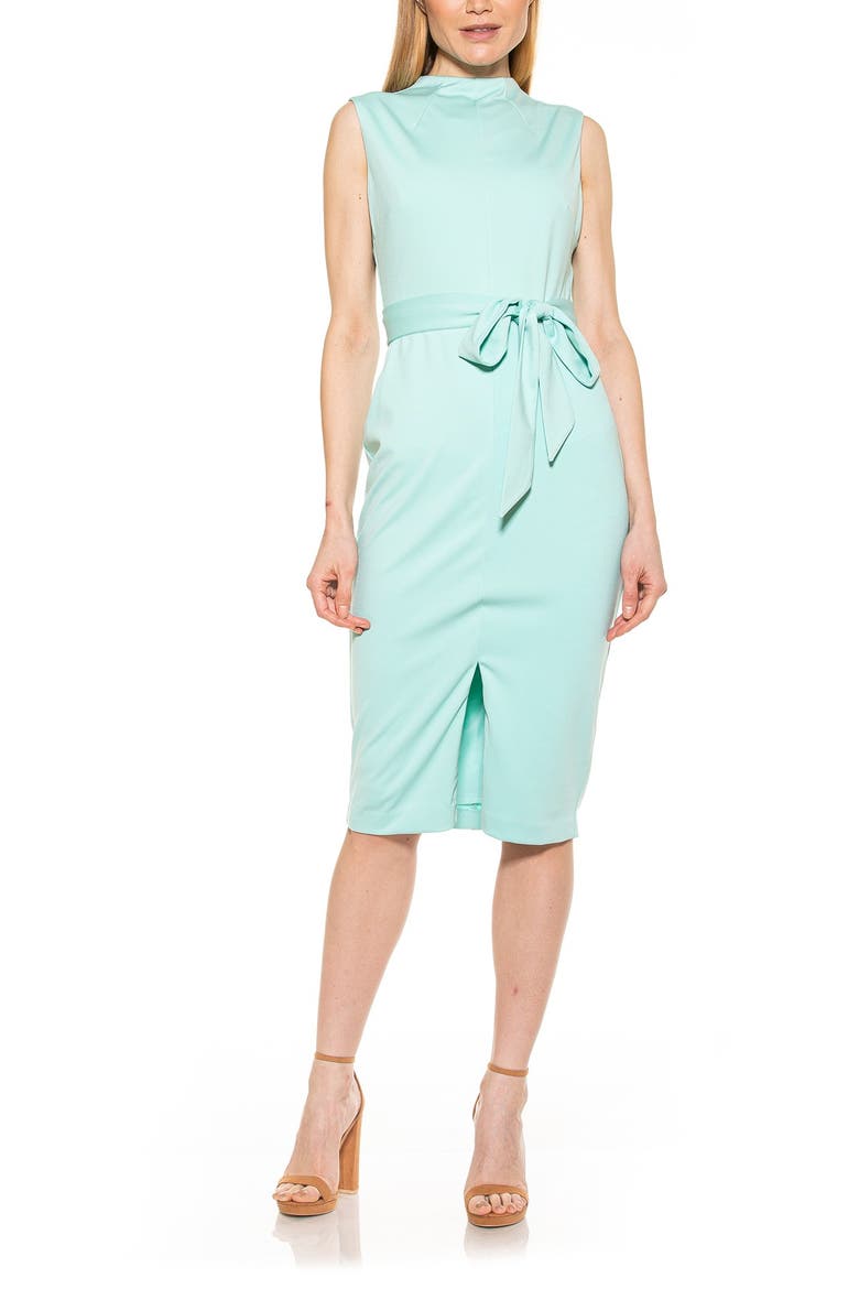 Mock Neck Belted Sheath Dress, Alternate, color, BRIGHT BLUE