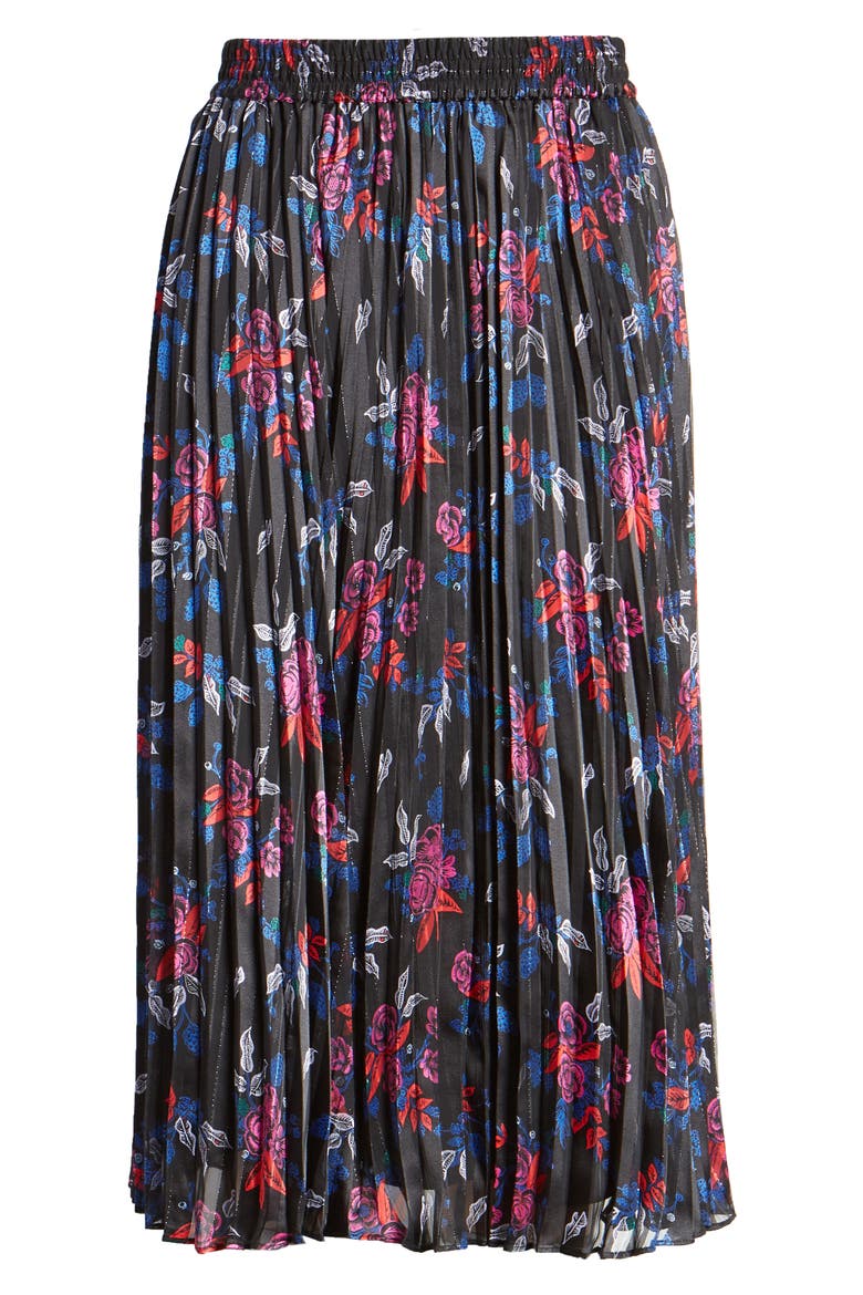 Pleated Woven Midi Skirt, Alternate, color, BLACK MULTI FLORAL