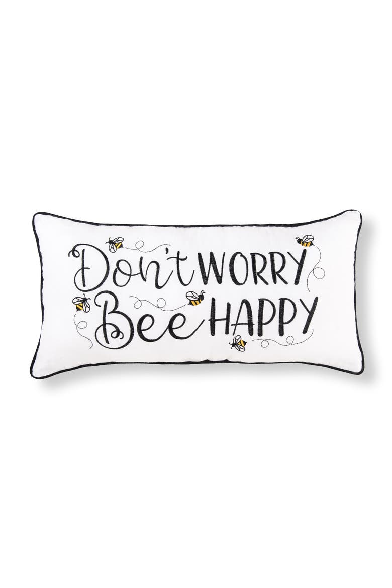 Don't Worry Bee Happy Embroidered Throw Pillow, 12" x 24", Main, color, White