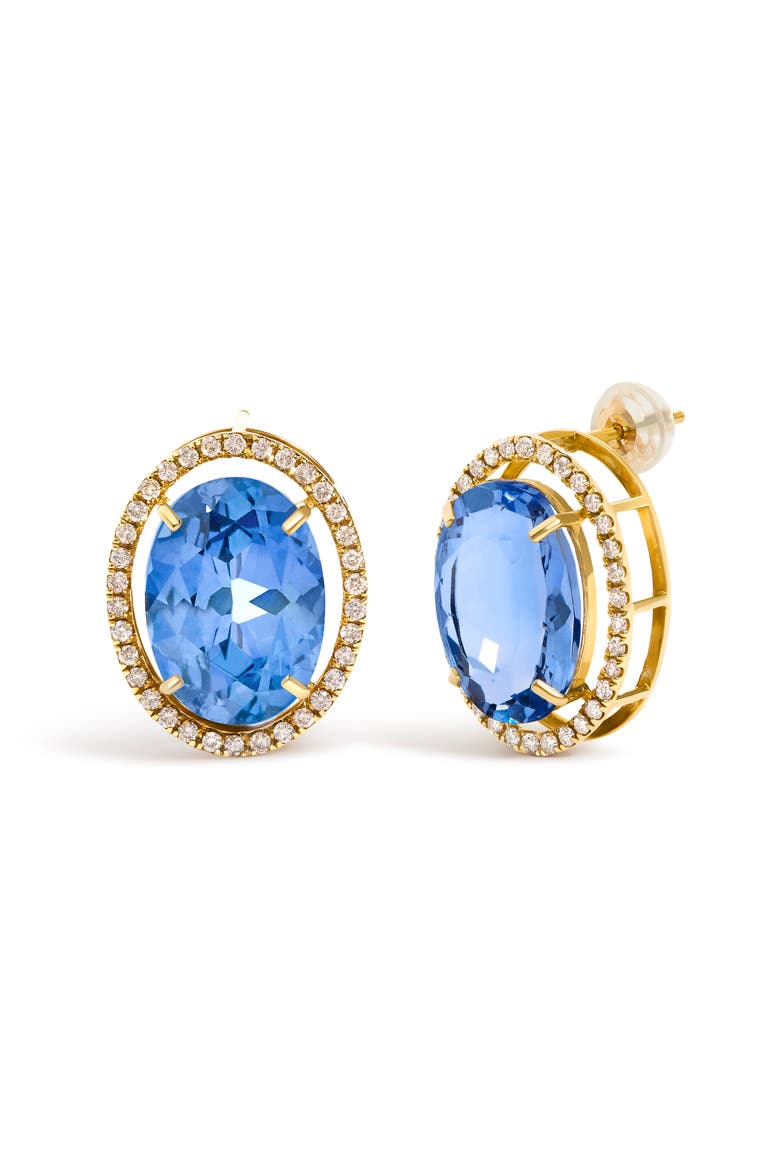 18K Yellow Gold 11x14MM Blue Fluorite Oval Stud Earrings with 1/2 Cttw Diamond Halo, Alternate, color, Yellow Gold