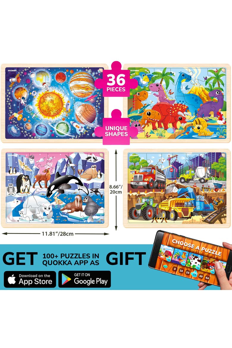 Kids Wooden Puzzle Set - 24, 36 & 48 Piece Montessori Jigsaw Puzzles, Alternate, color, Polar, Space, Cars, Dinosaurs