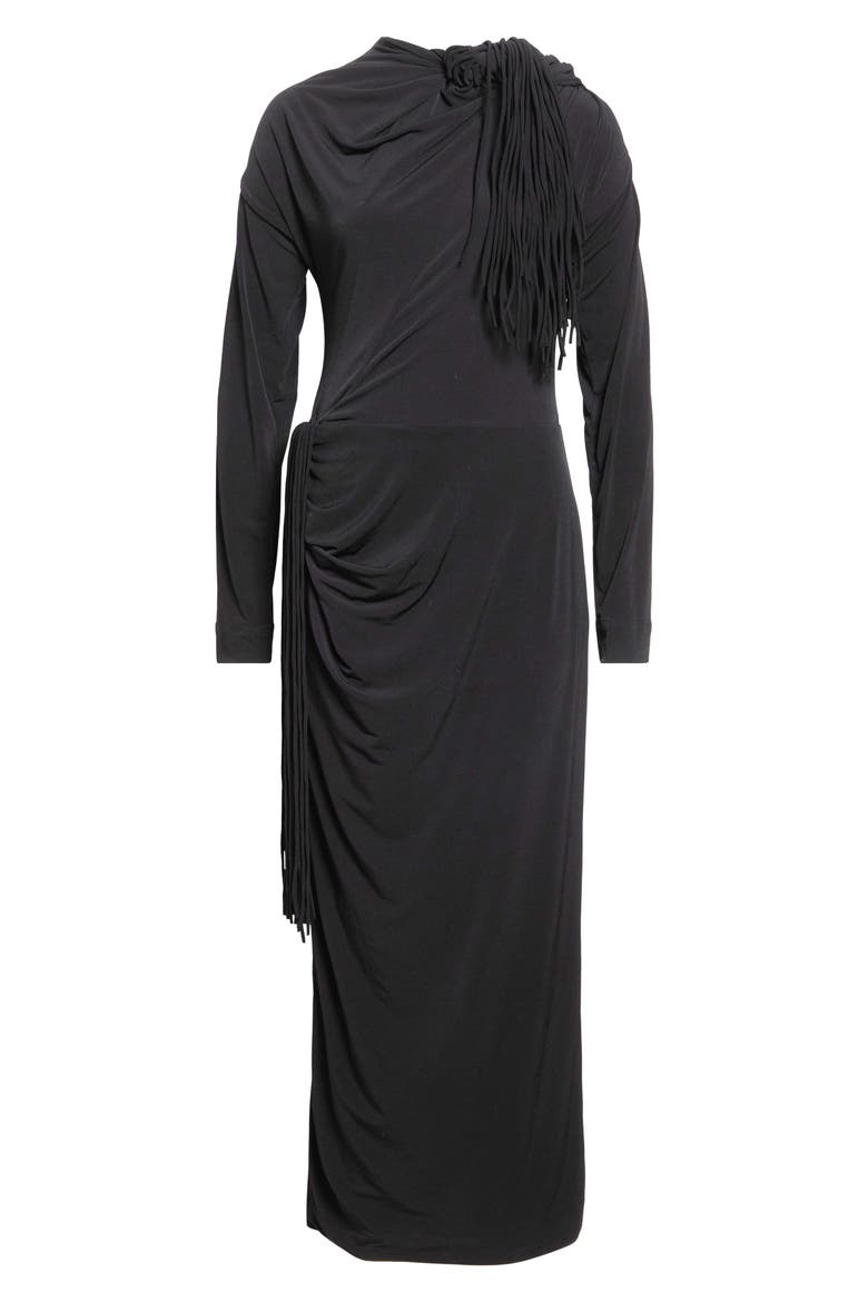 Garland Long Sleeve Fringed Jersey Maxi Dress, Main, color, BLACK