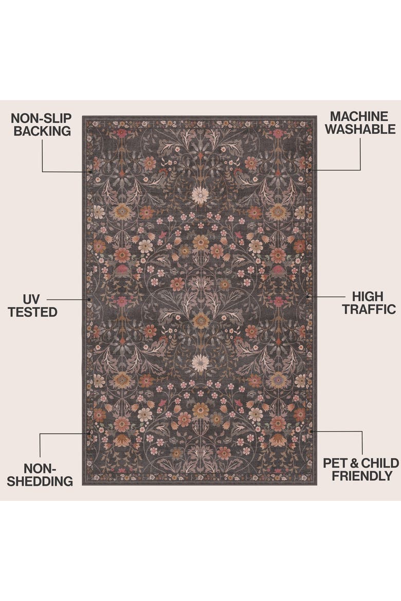 Primrose Art Nouveau Floral Border Non-Slip Machine-Washable Area Rug, Alternate, color, Taupe/Multi