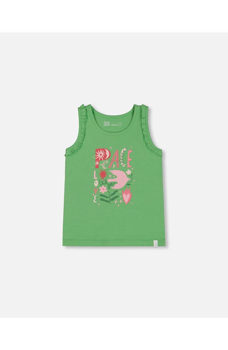 Deux par Deux Little Girl's Organic Cotton Tank With Frills Flowers On Green Background, Main, color, Flowers On Green Background
