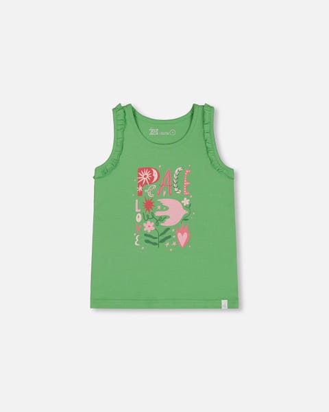 Little Girl's Organic Cotton Tank With Frills Flowers On Green Background