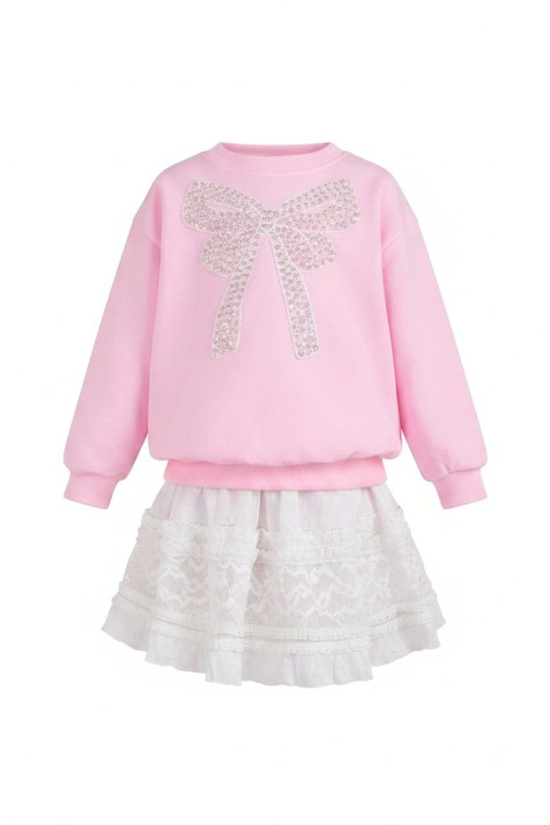 Pretty in Pink Pearl Bow Top and Lace Skirt Set, Main, color, Pink
