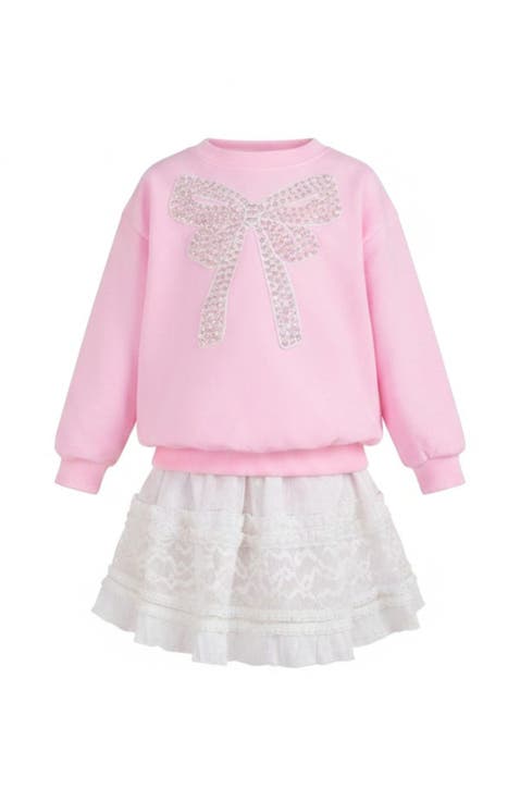 Pretty in Pink Pearl Bow Top and Lace Skirt Set