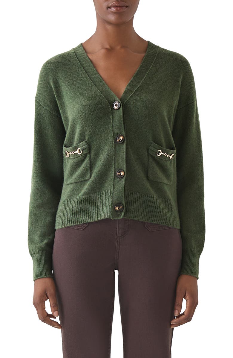 LK Bennett Pami Lambswool Cardigan, Main, color, Dark Khaki