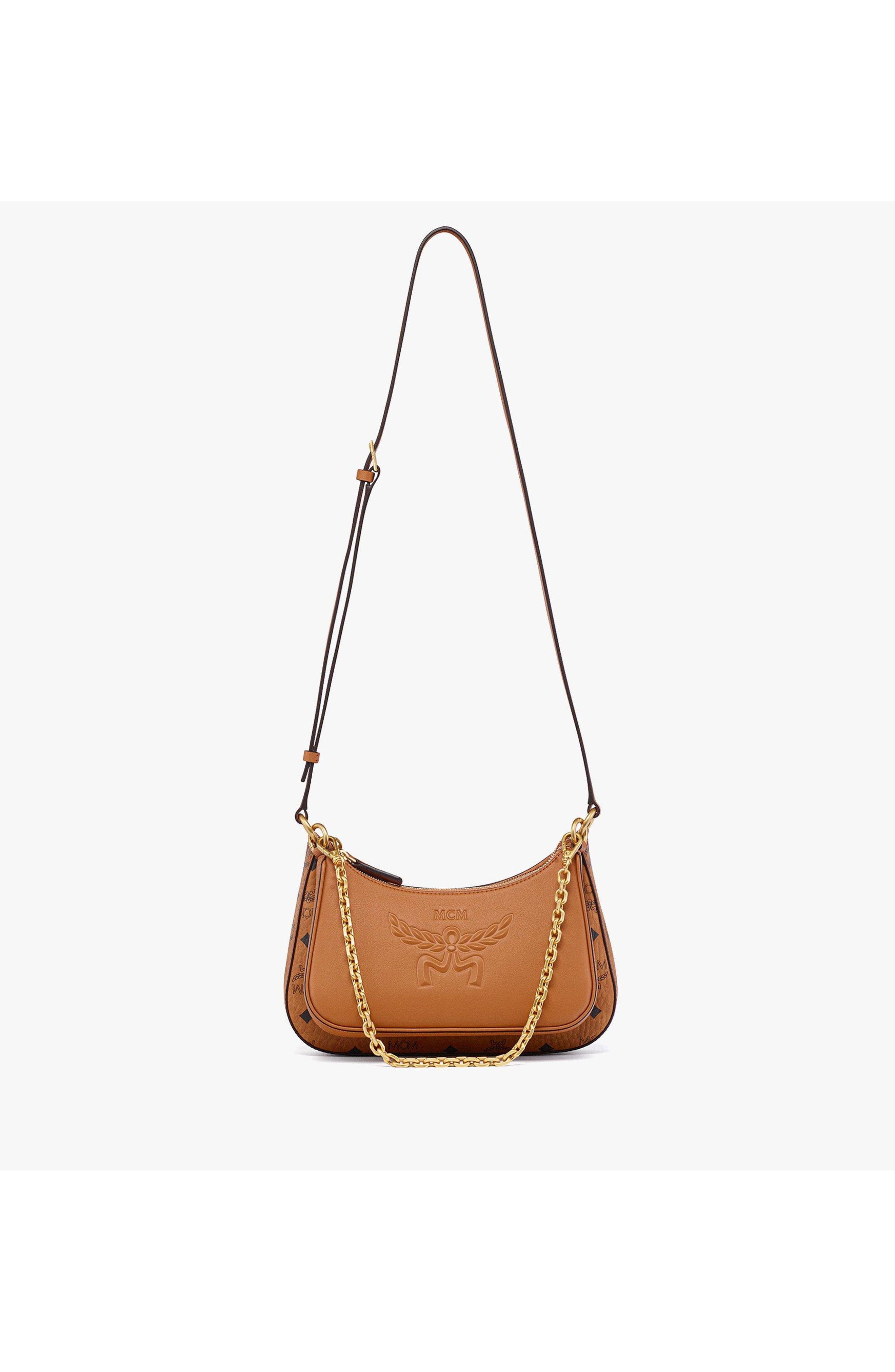 MCM Aren Duo Hobo in Visetos, Alternate, color, Cognac