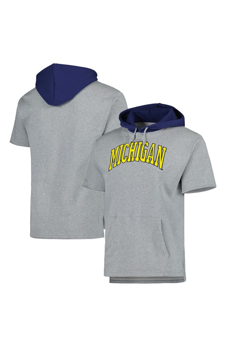 Mitchell & Ness Men's Mitchell & Ness Heather Gray Michigan Wolverines Postgame Short Sleeve Pullover Hoodie, Main, color, Heather Gray