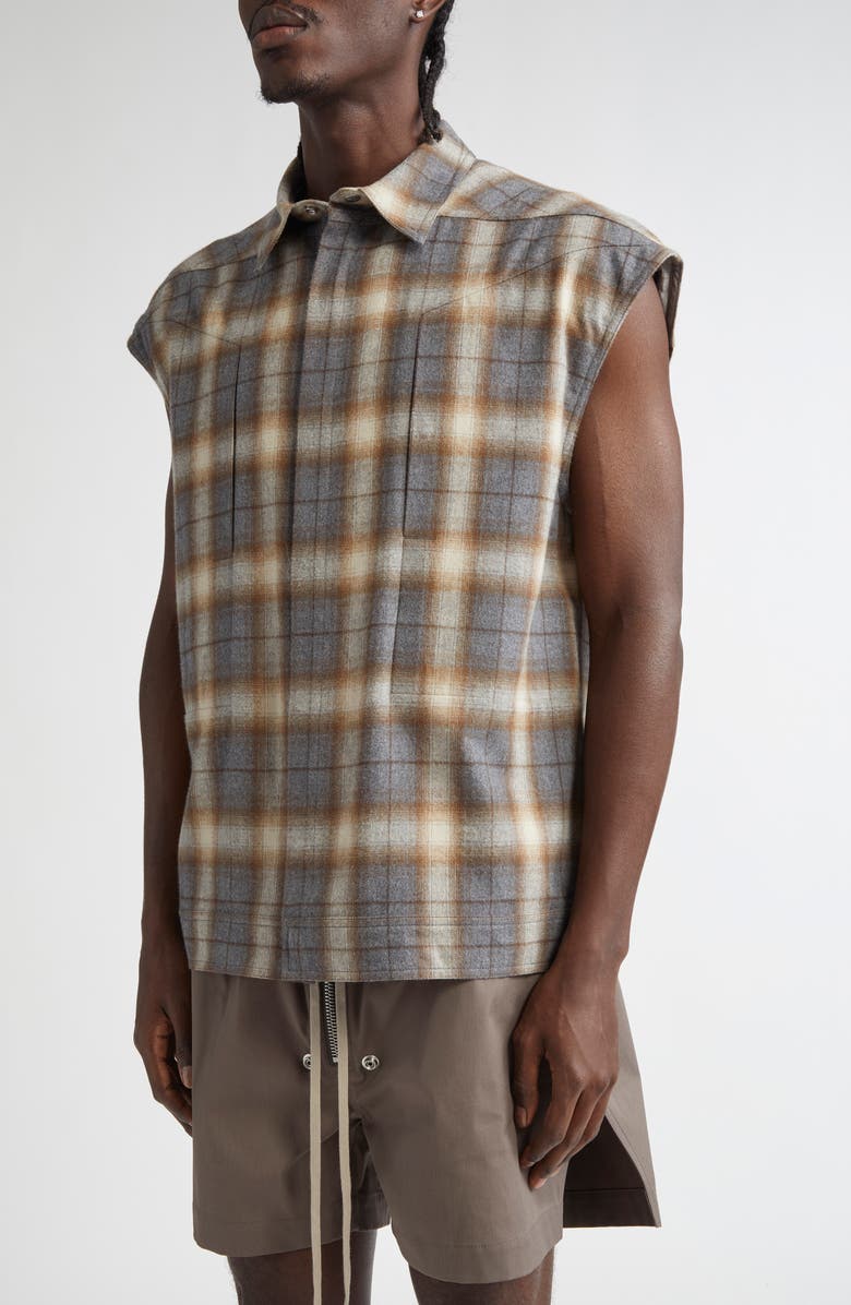 Rick Owens Hollywood Grey Plaid Cotton Flannel Sleeveless Button-Up Shirt, Alternate, color, 