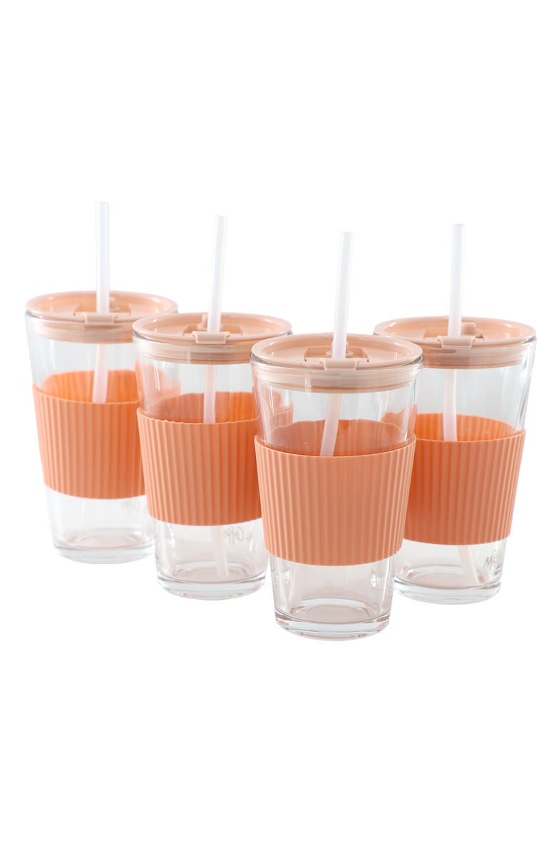 Mr. Coffee Sip Savvy 4 Piece 15 Ounce Silicone Sleeve Glass Cup Set w/ Lid and Straw, Main, color, Pink