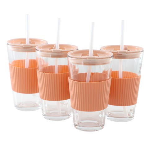 Sip Savvy 4 Piece 15 Ounce Silicone Sleeve Glass Cup Set w/ Lid and Straw