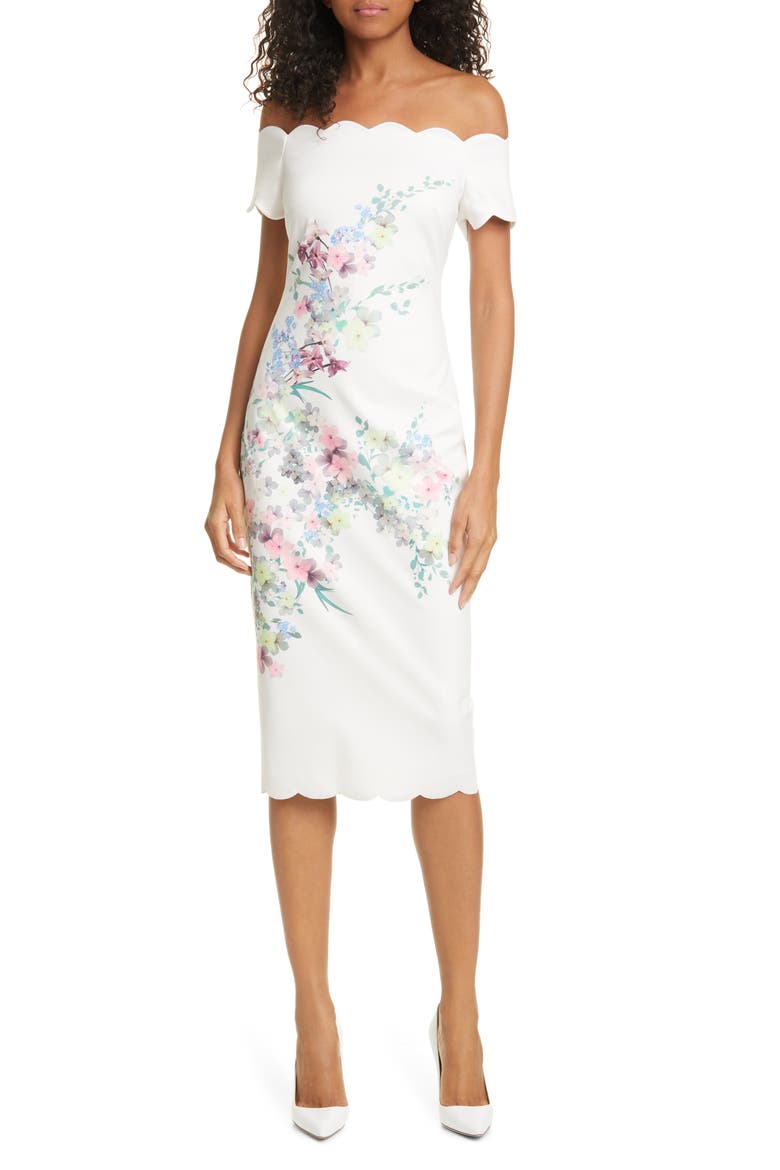 Trixiiy Pergola Floral Off the Shoulder Sheath Dress, Main, color, IVORY